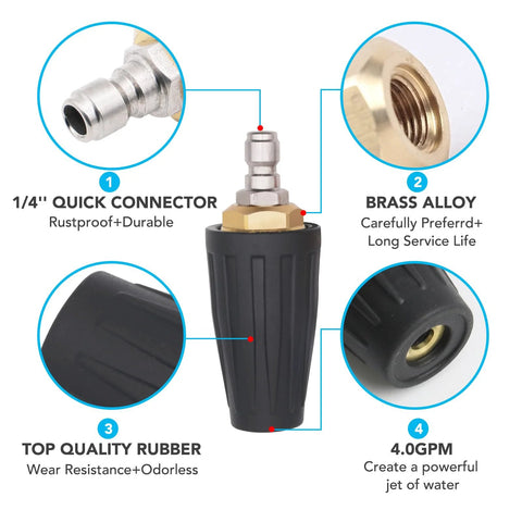 Pressure washer turbo nozzle with 1/4 in quick connector, brass alloy body, rubber grip, 360-degree rotating spray, 4.0 GPM