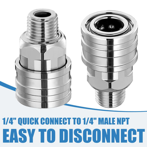 Two stainless steel 1/4" quick-connect to 1/4" male NPT pressure washer fittings with a chrome finish.