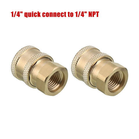 Two brass 1/4 inch quick-connect pressure washer couplers with knurled collars