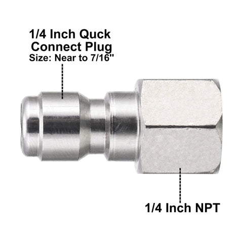 1/4 inch quick-connect plug to female NPT pressure washer coupler, silver metal