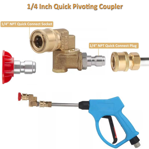 1/4 inch quick-connect pivoting coupler with brass fittings and red knob, shown with blue pressure washer spray gun wand