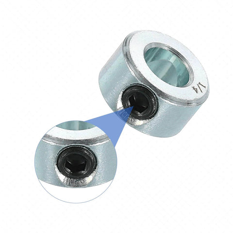 Close-up view of 16pcs Set Screw Collars 1/4" Bore Carbon Steel Shaft Collars, 1/2" OD, 5/16" Width Lock Axle Collar Clamp for Linear Rod Shaft Guide.