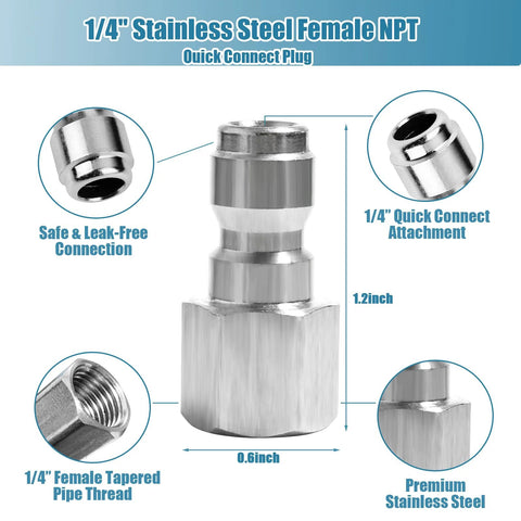 Two sets of 1/4-inch stainless steel NPT quick-connect pressure washer fittings, male and female.