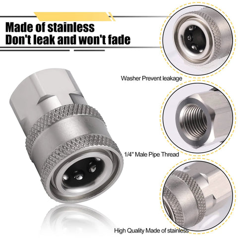 4pcs stainless steel pressure washer quick-connect fittings, 1/4 in NPT male/female threads, silver, Amazon brand.