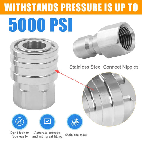 One Quarter Inch Quick Connect Fittings Set Stainless Steel Pressure Washer Couplers For Home And Commercial Use With Male And Female Threads Heavy Duty Adapters Up To Five Thousand PSI 4 Pack, showing close-up of fittings.
