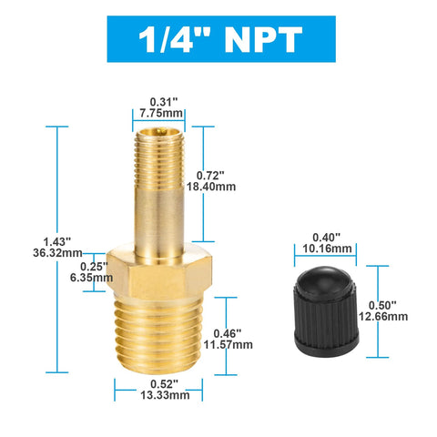 Brass 1/4 inch NPT Schrader inflation valve with push-to-connect for 1/4 inch OD air tubing; black cap
