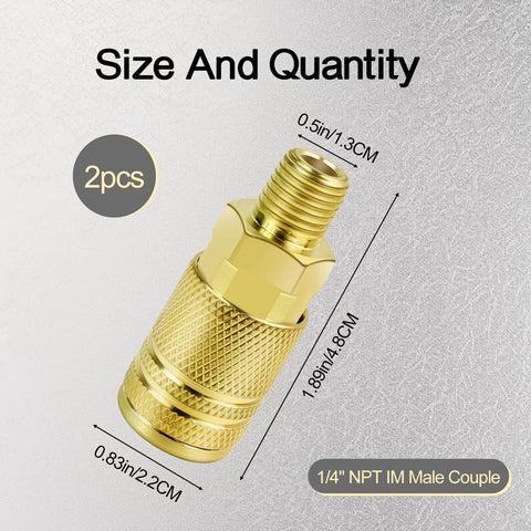 Two brass 1/4 in NPT M-style air couplers, high-flow quick-connect fittings