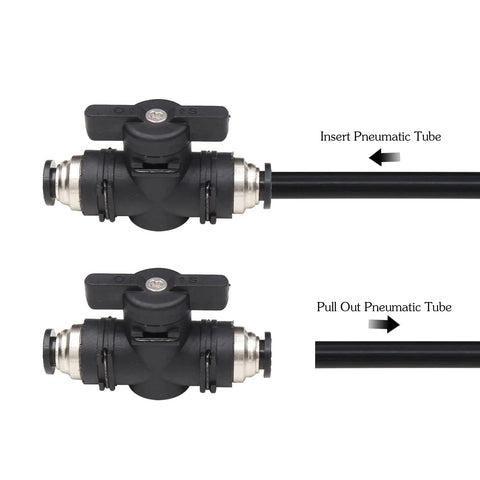 Pneumatic ball valve, 1/4 inch push-connect with black T-handle and straight tube fittings, 3-pack
