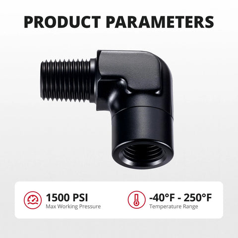 Black aluminum 1/4in NPT 90-degree elbow fitting, female to male adapter