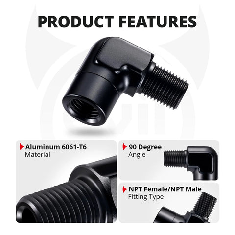 EVIL ENERGY 1/4 in NPT female-to-male 90° aluminum elbow fitting, black automotive adapter