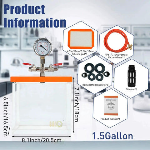 1.5 Gallon Acrylic Vacuum Chamber For Resin Degassing Kit with silicone gasket and accessories including hose, silencers, and manual.