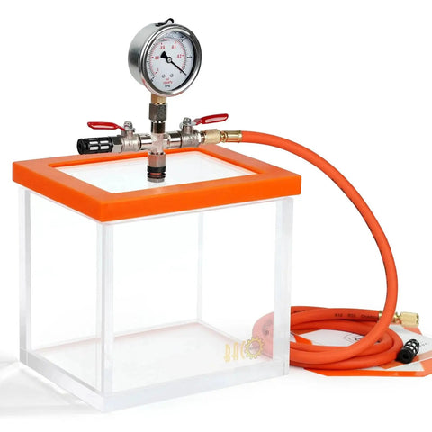 1.5 Gallon Acrylic Vacuum Chamber For Resin Degassing Kit with silicone gasket and hose setup, perfect for resin casting and crafts.