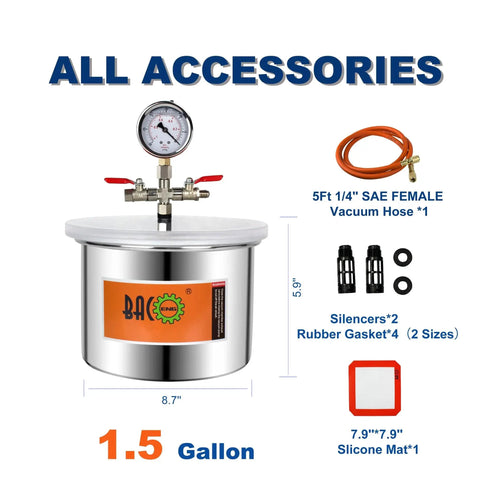 1.5 Gallon Stainless Steel Vacuum Chamber Kit For Resin And Epoxy Degassing With Acrylic Lid And Silicone Gasket accessories