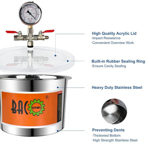 1.5 Gallon Stainless Steel Vacuum Chamber Kit For Resin And Epoxy Degassing With Acrylic Lid And Silicone Gasket, features labeled