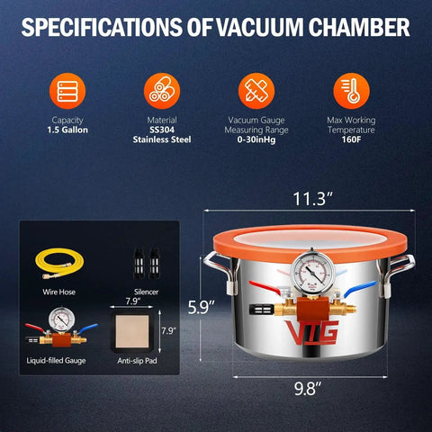 One Point Five Gallon Vacuum Chamber With Tempered Glass Lid 304 Stainless Steel Degassing Chamber specifications diagram