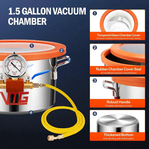 One Point Five Gallon Vacuum Chamber With Tempered Glass Lid 304 Stainless Steel Degassing Chamber features and parts