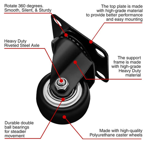 Close-up of 1.5 Inch Swivel Caster Wheels Heavy Duty 12 Pack Without Brake Rubber Base Top Plate Bearing Casters with Non Marking Polyurethane Wheels.