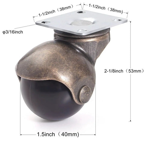 1.5 Inch Ball Caster Wheels Set Of 4 With Antique Brass Top Plate Castors For Coffee Table And Ottoman, Soft Polyurethane Wheels On Steel Hubs Protect Floors Against Scratches And Marks, Durable Retro Style Furniture Casters With Screws Included