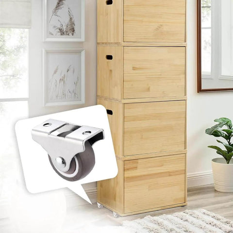 1.5 Inch Fixed Caster Wheels Set of 4 Heavy Duty Rigid Plate Casters with Silent TPR Rubber Wheels installed on wooden cabinet