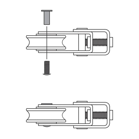 Illustration of One And One Half Inch Patio Roller Kit Two Pack With Steel Ball Bearing Wheels Includes Two Rollers Two Axle Pins Two Roll Pins And Versatile Mounting Hardware For Rivet Roll Pin Drive Pin Binder Post Or Screw Or Bolt Installations showing side view assembly