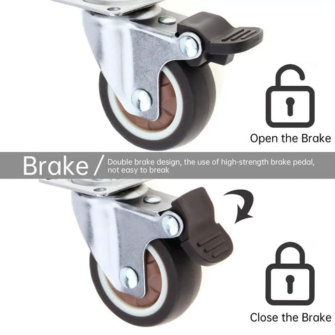 1.5 Inch Plate Swivel Caster Wheels Set Of 4 With Quiet Rubber Wheels And Locking Brakes, 220 Lbs Total Load Capacity, open and close brake example