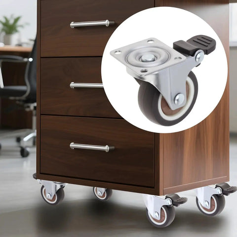 Wooden cabinet with 1.5 Inch Plate Swivel Caster Wheels Set Of 4 With Quiet Rubber Wheels And Locking Brakes installed, for smooth mobility.