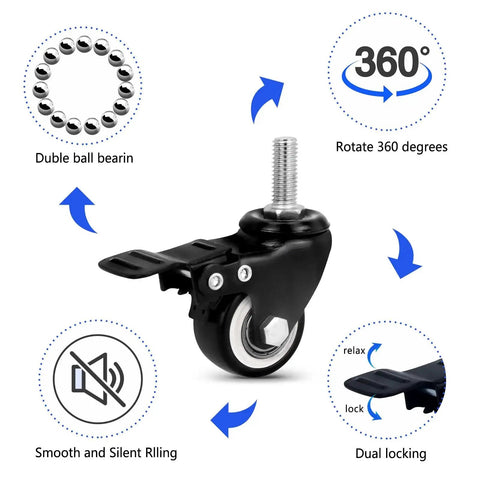 Set Of 4 Heavy Duty 1.5 Inch Stem Casters With 5/16-16 X 1 Inch Threaded Stems Carbon Steel Frame And Polyurethane Wheels Quiet Operation Up To 300 Lbs Per Caster Ideal For Furniture And Equipment On Casters shown with dual locking and 360-degree rotation features.