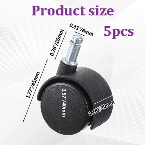 Close-up of Five Pieces One Point Five Inch Swivel Caster Wheels Set With M8 Circlip Stem 360 Degree Black Plastic Casters
