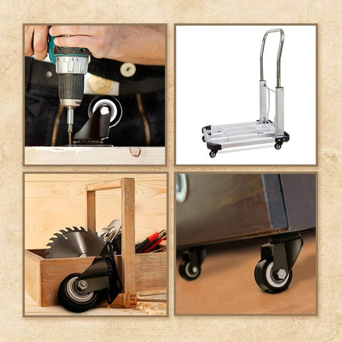 1.5 Inch Swivel Caster Wheels Heavy Duty 12 Pack Without Brake, attached to various tools and furniture, showcasing versatility