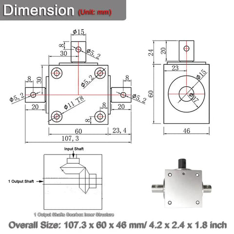 Technical diagram and dimensions of Right Angle Bevel Gearbox 1.5 Module 20 Teeth 90 Degree Drive For DIY CNC showing structure.