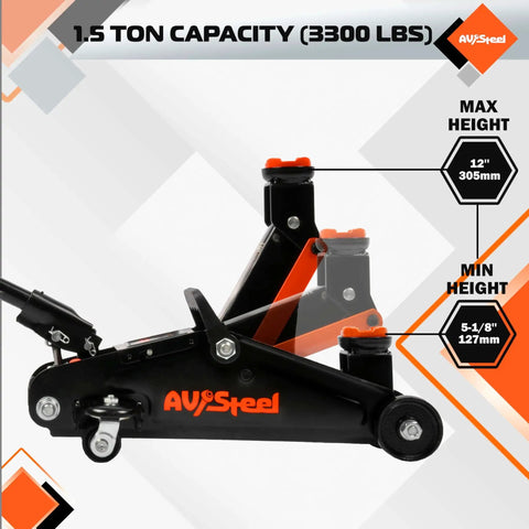 Heavy Duty 1.5 Ton Car Floor Jack With Five And One Eighth Inch To Twelve Inch Lift Range, Hydraulic Trolley Jack With Solid Storage Case, 3300 Lbs Capacity, Portable Floor Jack With Single Piston Pump For Home Garage displayed in side view