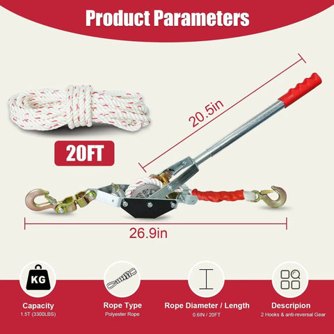 1.5 Ton Rope Puller With 20 Ft Of 0.6 Inch Rope Dual Hook Come Along Winch, heavy-duty ratchet puller for boat moving, product specs shown.