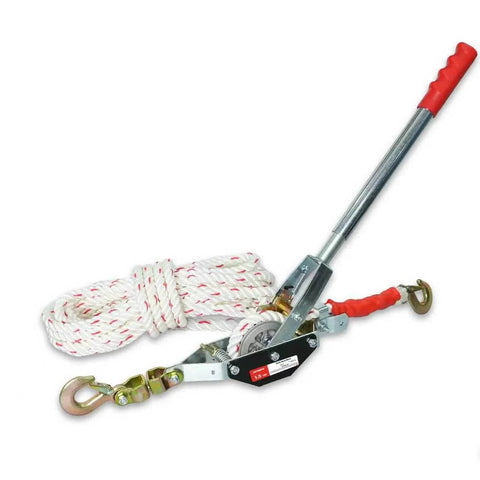 1.5 Ton Rope Puller With 20 Ft Of 0.6 Inch Rope Dual Hook Come Along Winch, showcasing handle and hooks.
