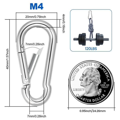 Small Carabiner Clip Set Of 10 1.57 Inch Heavy Duty Alloy Mini Carabiners with size comparison to a quarter and weight capacity image