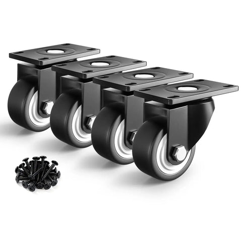 1.5 Inch Furniture Caster Wheels Set Of 4 With Swivel Plate and screws, black PU roller castors for tables, durable steel construction