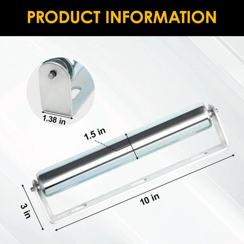 1.5'' Diameter Conveyor Rollers with Stands, 10'' Galvanized Steel Long Roller for Kayak Trailer, product dimensions shown