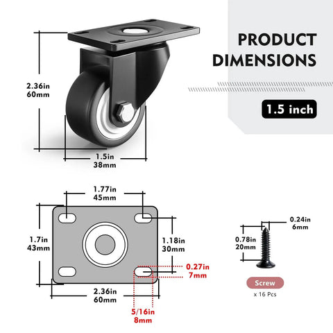 1.5 Inch Furniture Caster Wheels Set Of 4 With Swivel Plate, 400 Lb Load Capacity, Black PU Roller Castors, Dimensions and Parts