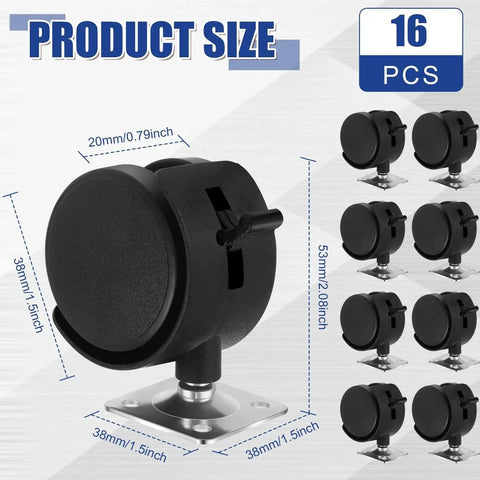 8 Piece Set Of 1.5 Inch Plastic Furniture Casters With Brakes And Swivel For Rolling Carts Tables Chairs And Cabinets Black Flat Style Nylon Replacement Wheels For Easy Installation And Smooth Quiet Mobility In Home Office And Workshop, depicting black casters with dimensions and brake feature.