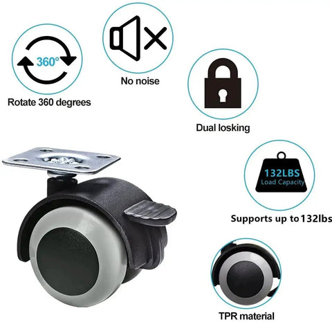 1.5 Inch Rubber Caster Wheels Top Plate For Moving Drawer Cabinet Table Cart With 360 Degree Rotation And 132 Lbs Load Capacity Set Of 4 Furniture Casters Safe Floor Glide On Wood Hardwood Laminate Tile Vinyl Carpet displayed with icons showing features.