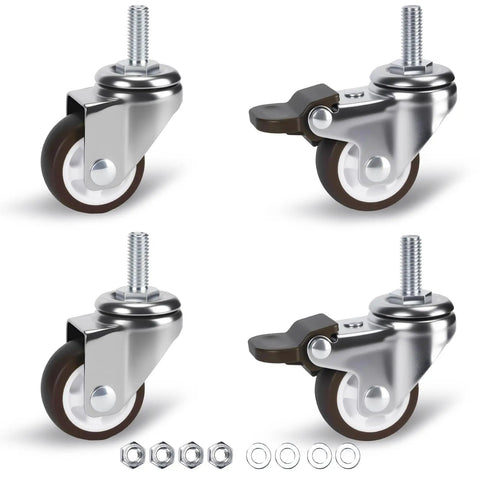 1.5 Inch Stem Casters Set of 4 With Brakes, Small Swivel Caster Wheels for Furniture; two with brakes; includes nuts