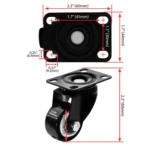 1.5 Inch Swivel Caster Wheels Heavy Duty 12 Pack Without Brake Rubber Base Top Plate Bearing Casters with measurements
