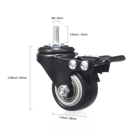 Side view of a 1.5 Inch Caster Wheels Set Of 4 Heavy Duty Swivel Casters with Brakes M6 X 15mm Threaded Stem PU Non Marring Wheels.