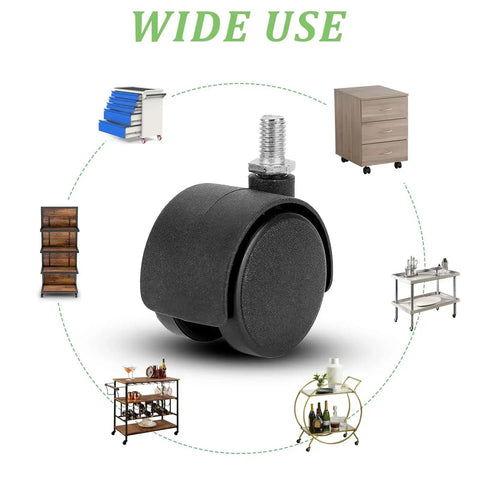 4 Pack Swivel Casters 1.5 Inch 360 Degree Universal Plastic Screw Socket Cabinet Stem Casters Heavy Duty Replacement Wheels For Furniture Cabinets Office Chairs And Workbenches Supports Up To 100 Lbs shown with various furniture applications.