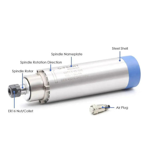 1.5KW ER16 Air Cooled CNC Spindle Motor 110V D65 with steel ball bearings, showing spindle rotor, nameplate, and ER16 nut