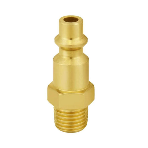 Single metal plug from Four Pack 1/8 Inch NPT Male Air Hose Quick Connect Fittings, corrosion resistant brass, side view