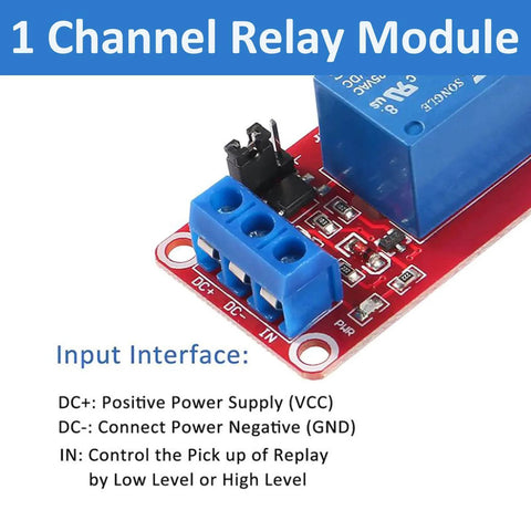 1 Channel relay module board with optocoupler isolation, showing terminal wiring, ideal for microcontroller automation projects.