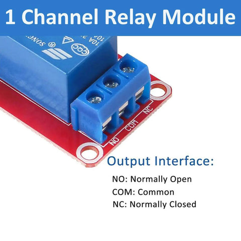 Close-up of 1 channel relay module with blue component and terminal interface labeled NO, COM, NC, from 4 Pack 1 Channel 5V Relay Module With Optocoupler Isolation, High Or Low Level Trigger, Fault Tolerant Design For Microcontrollers, 10A AC 250V And 10A DC 30V Load, Easy Terminal Wiring, Ideal For Home Automation Projects.