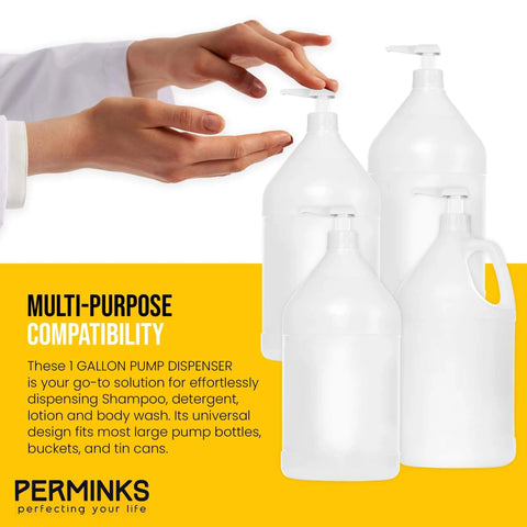 1 Gallon Pump Dispenser - Gallon Pump for Shampoo, Detergent, Lotion & Body Wash, Liquid Dispenser Pump, 4 Pack shown in use