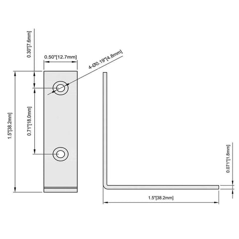 Technical drawing of a 40 Pack L Bracket Corner Braces, Small Metal L Brackets for Wood, 1.5 inch Steel Joist Right Angle Brackets