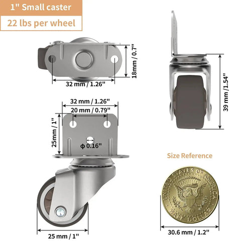 Diagram showing 1-Inch Small L Shaped Plate Casters Swivel Furniture Wheels, TPR, steel bracket, size reference with coin.